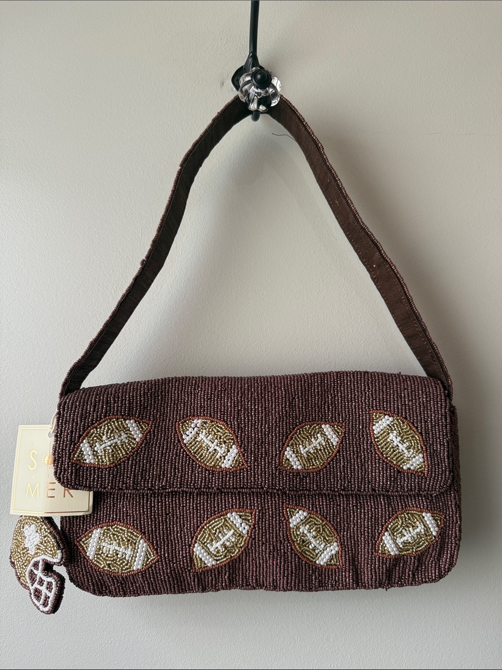 Sol and Mer Beaded Fall Football Motif Shoulder Bag - Brown Helmet Bag clip